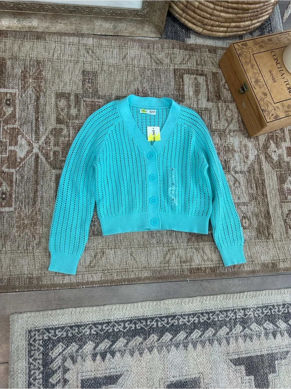 New Epic Threads Girls Cardigan Macys Exclusive V Neck Turquoise Button Sm 7/8